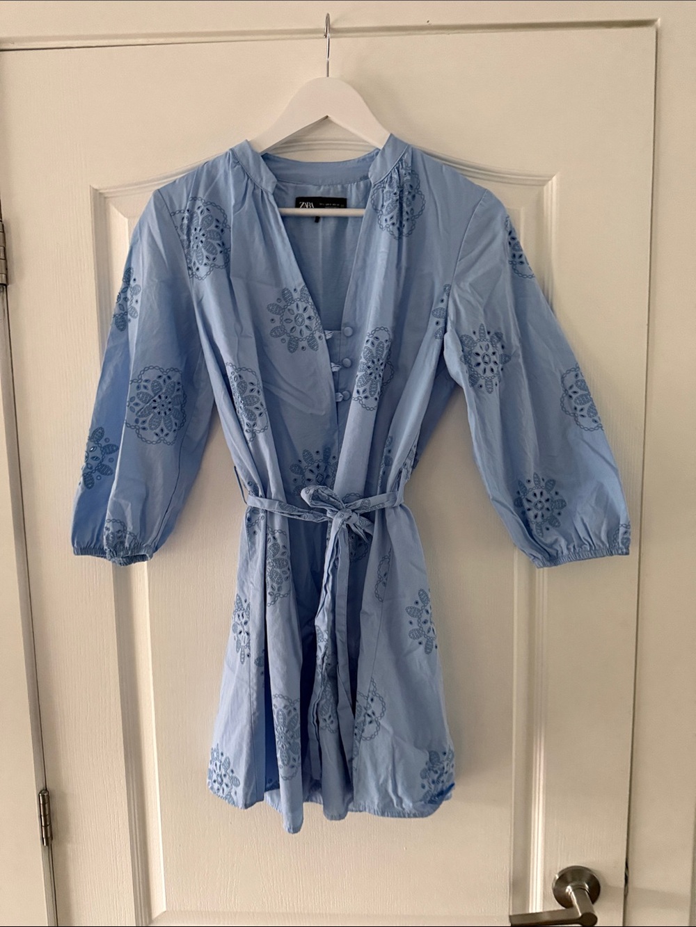 Zara Sky Blue Eyelet Tie-Waist Mini Dress